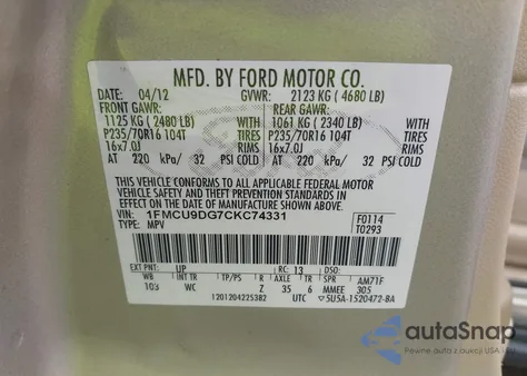 2012 Ford Escape Xlt from USA, damaged, VIN 1FMCU9DG7CKC74331